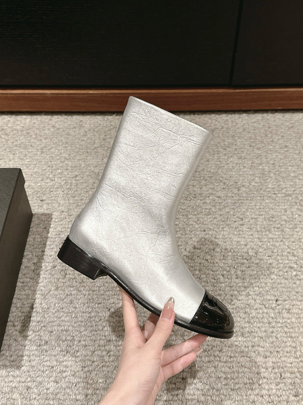 CC Short Boot Silver Metalic Lambskin Black Patent Calfskin
