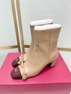 Valentino 2025 Bow Square Toe Zipper Ankle Boot Beige Burgundy Cowhide 549734