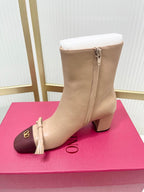 Valentino 2025 Bow Square Toe Zipper Ankle Boot Beige Burgundy Cowhide 549734