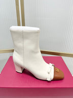 Valentino 2025 Bow Square Toe Zipper Ankle Boot White Brown Cowhide 549735