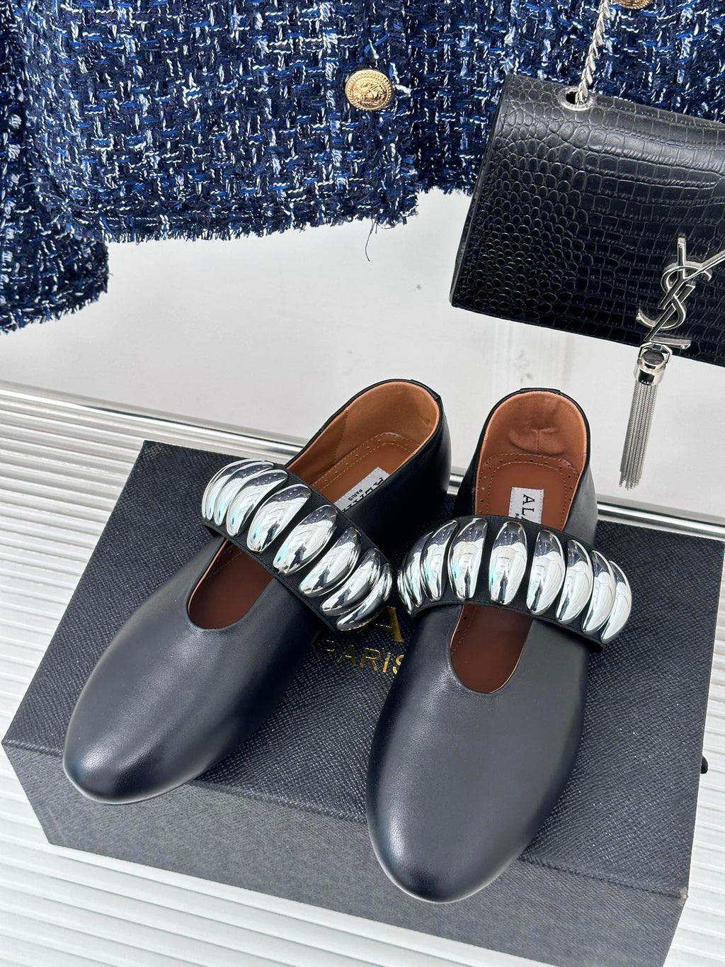 ballet flat silver jewel black lambskin
