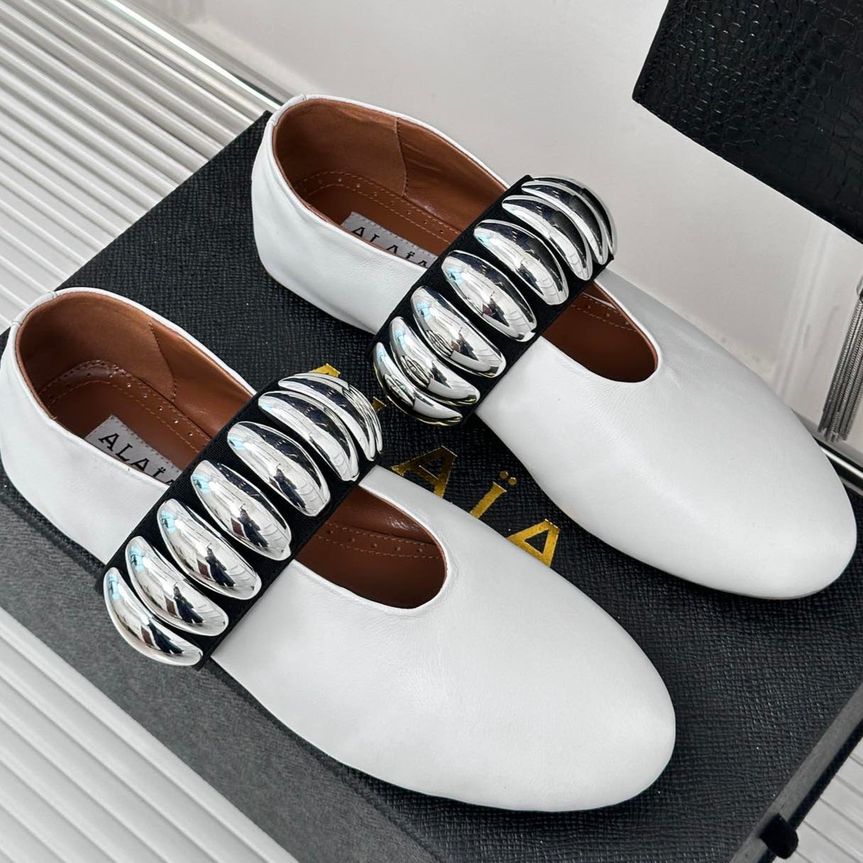 Alaia 25 Mary Jane Jewel Ballet Flats White Calfskin 293246