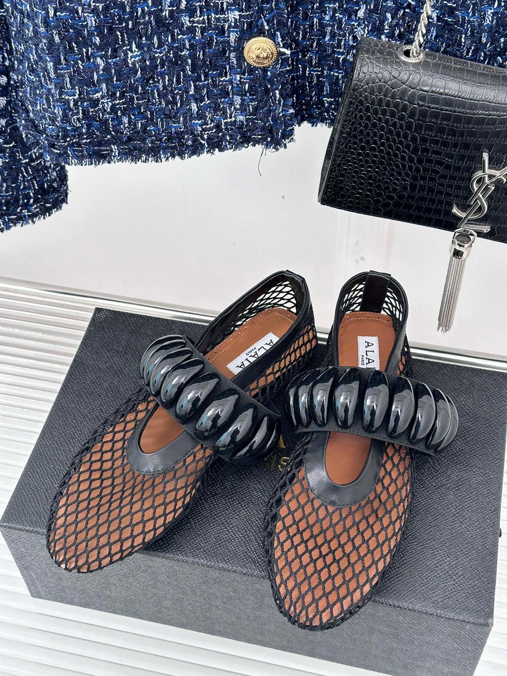 Alaia 25 Mary Jane Mesh Ballet Flats Black Calfskin 293251