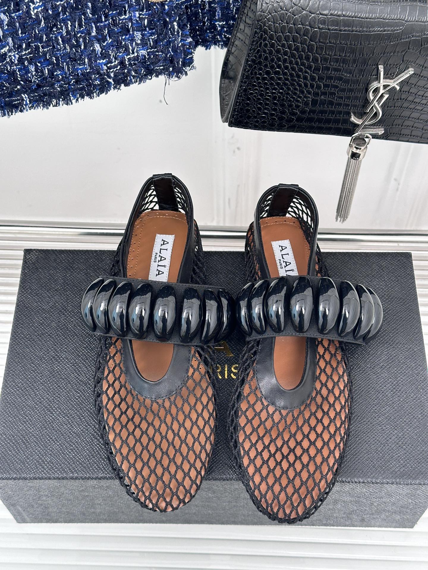 Alaia 25 Mary Jane Mesh Ballet Flats Black Calfskin 293251