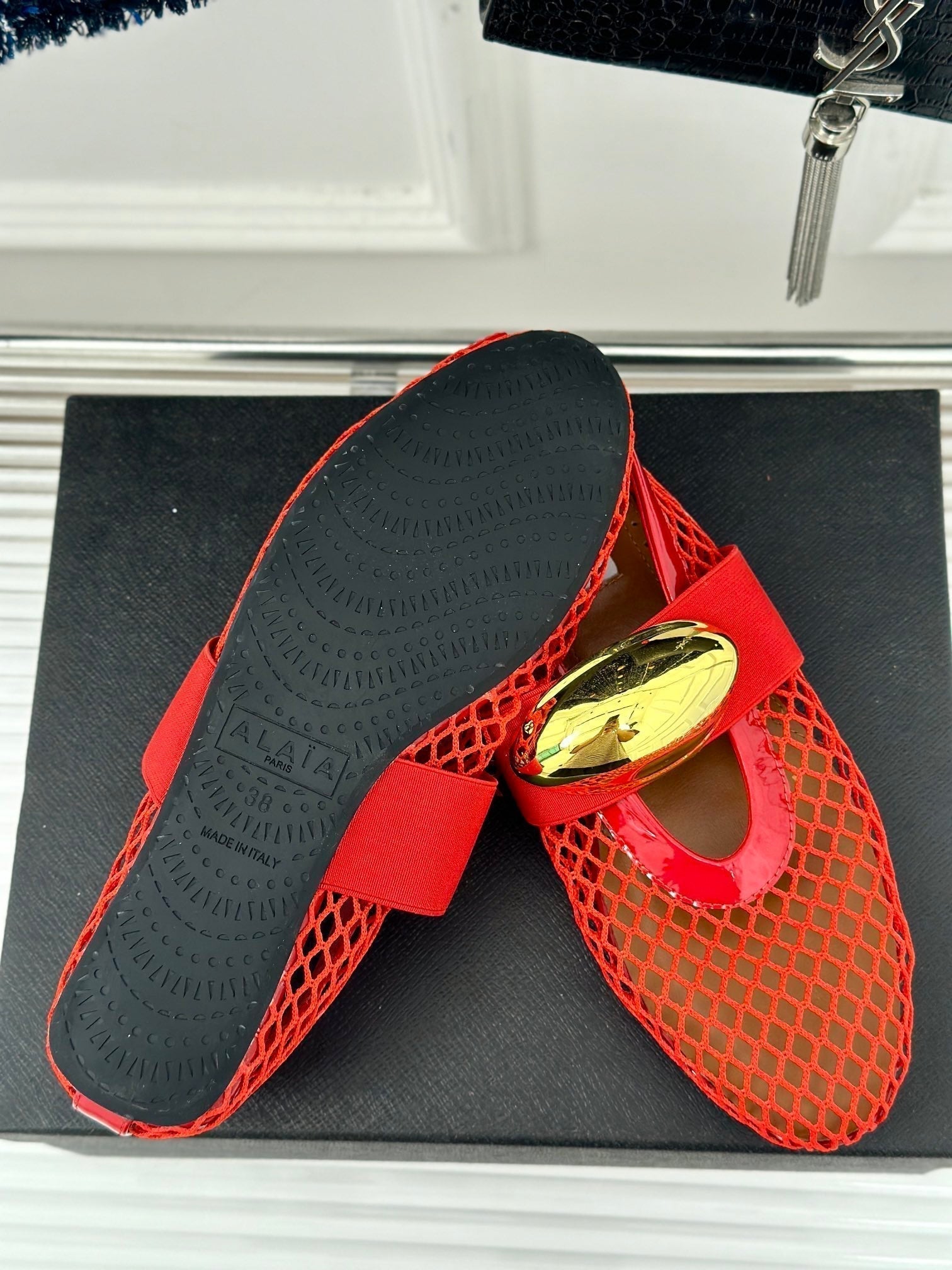 ballet flat jewel fishnet red lambskin