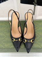 GG Horsebit Slingback 85MM Black Leather Point Toe