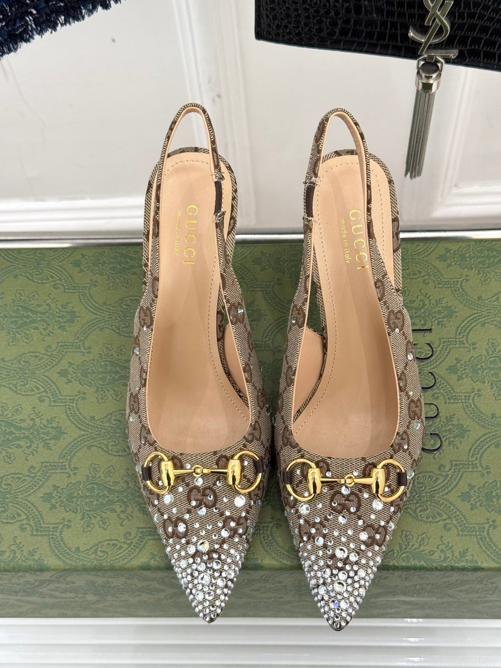 GG Horsebit Slingback 85MM Beige Ebony Monogram Canvas Point Toe Crystal-Embellished