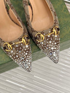 GG Horsebit Slingback 85MM Beige Ebony Monogram Canvas Point Toe Crystal-Embellished