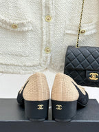 CC 25P Hollow Double C Ballet Flats 50mm Beige Black Raffia 265636