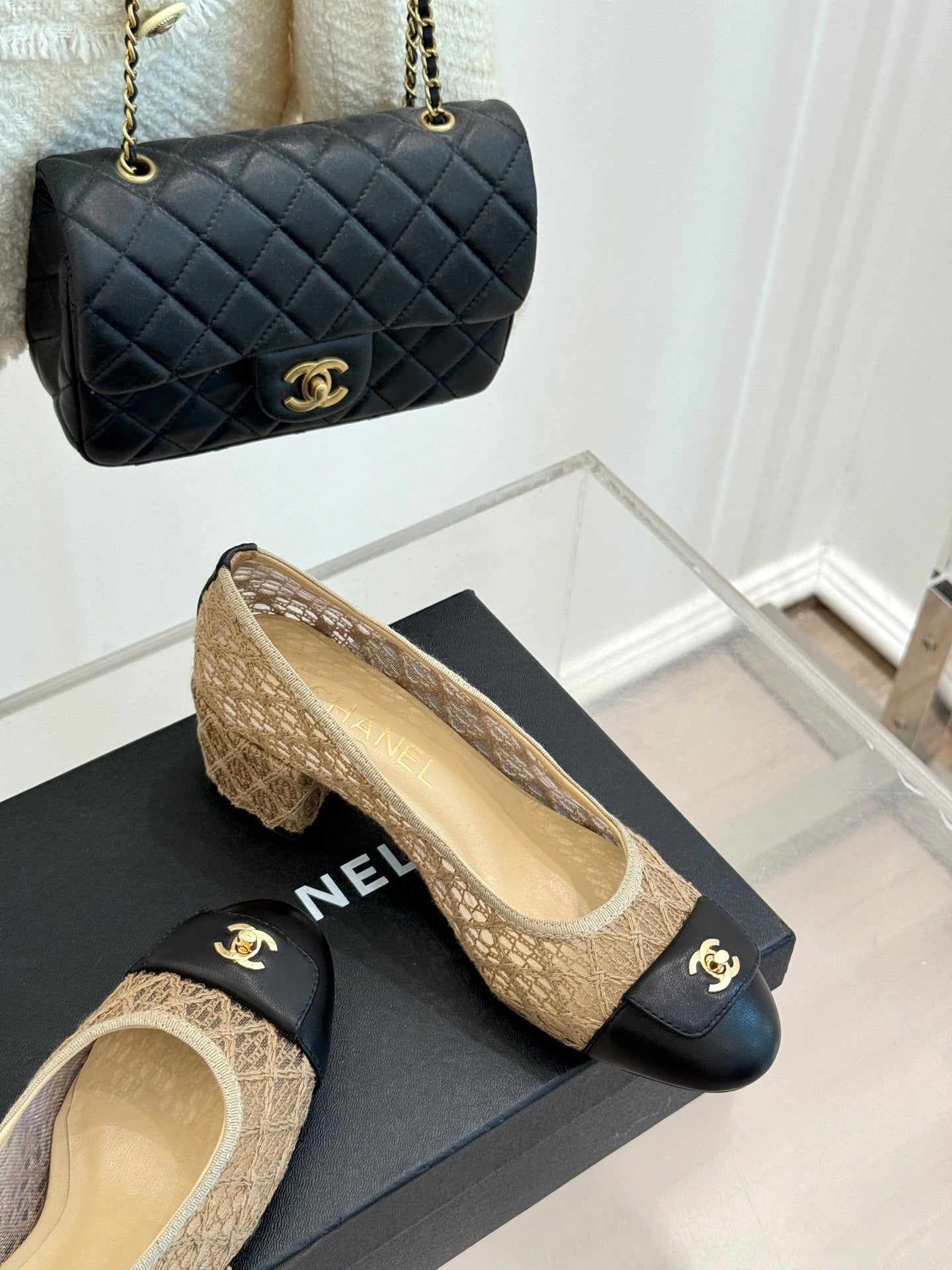 Chanel 25 Ballet Flat 50mm Beige Black Woven Lambskin 473050