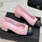 Chanel 25 Ballet Flat 50mm Pink Black Woven Lambskin 473052
