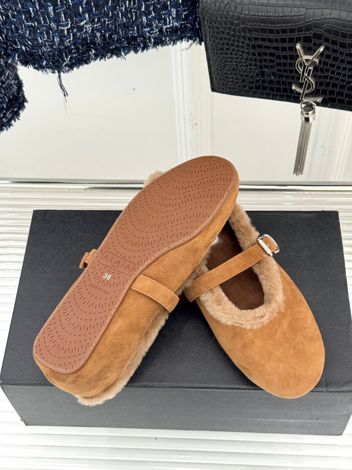 Alaia 25WF Mary Jane caramel brown suede wool 472223