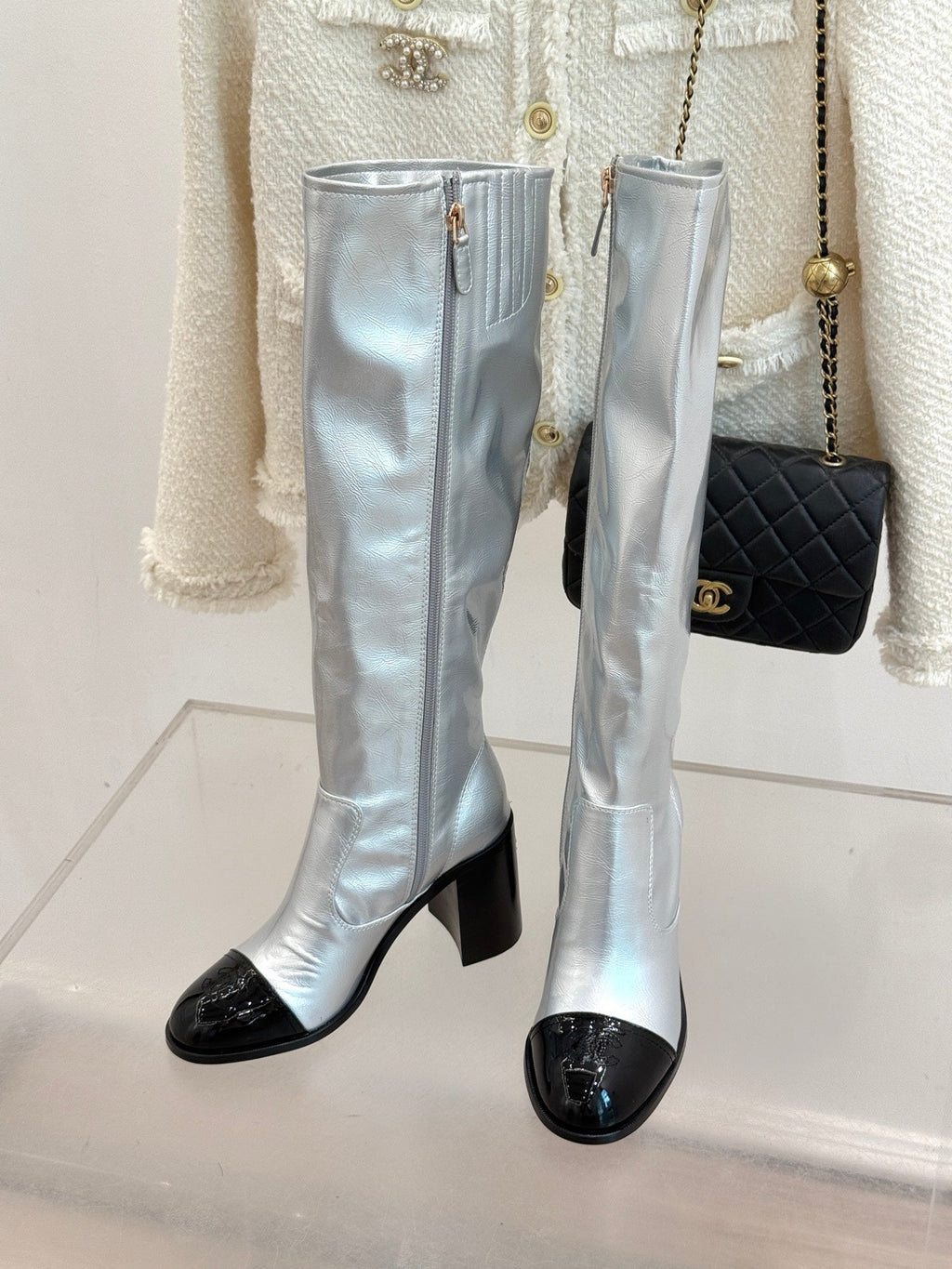 CC Classic Long Boots Block Heel 90mm Sliver Metalic Calfskin 465392