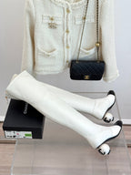 Chanel 25 Double C Giant Pearl Heel Long Boot White Black Sheepskin 465412