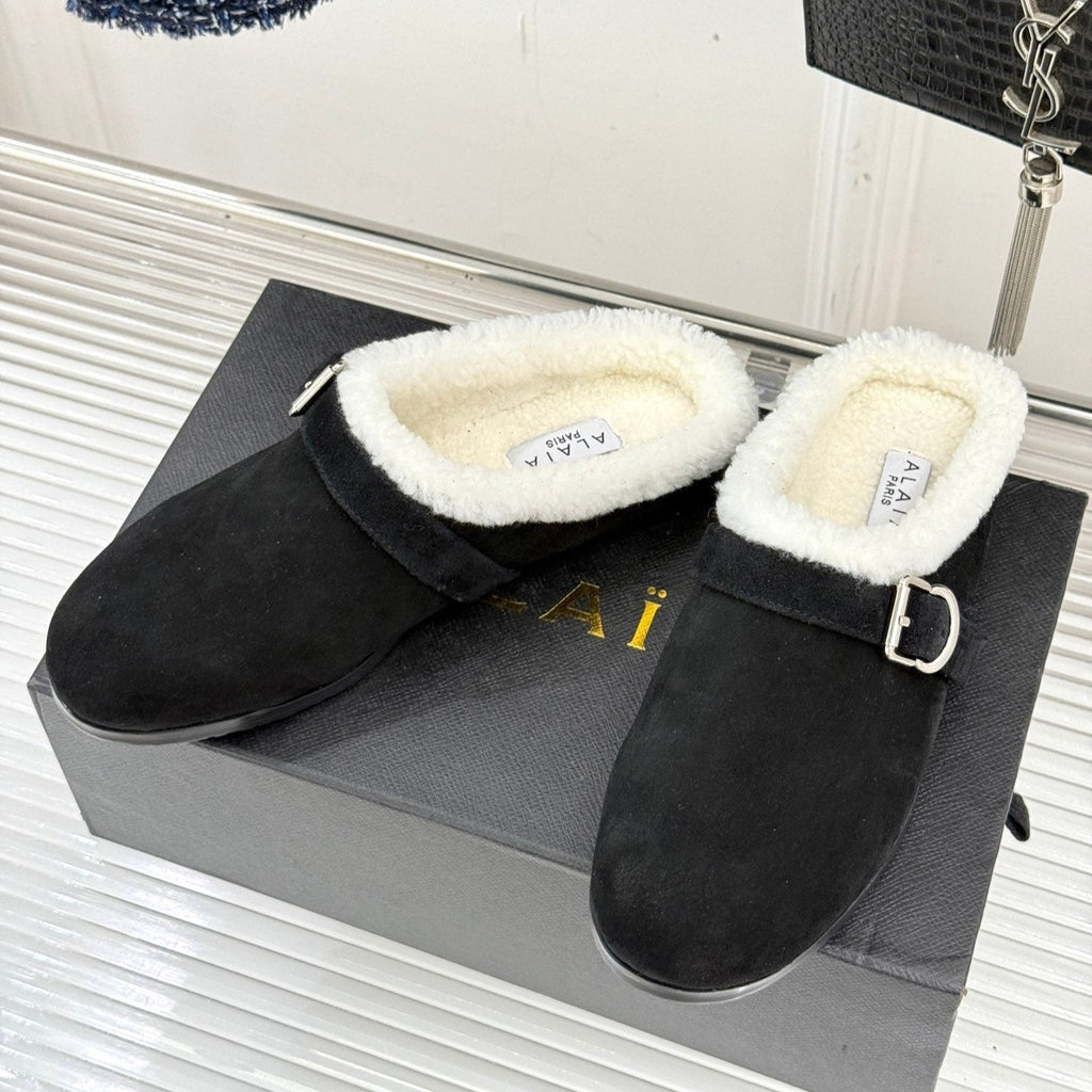 Alaia 25WF slippers belt buckle black suede wool 472226