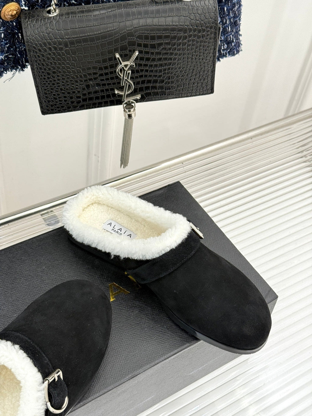 Alaia 25WF slippers belt buckle black suede wool 472226