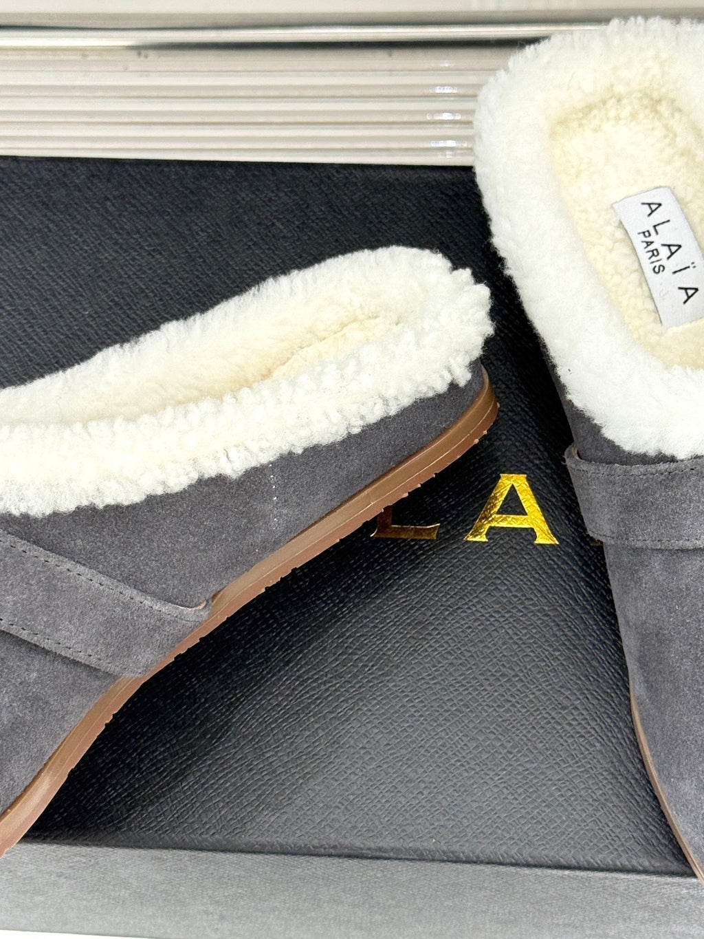 Alaia 25WF slippers belt buckle charcoal grey suede wool 472230