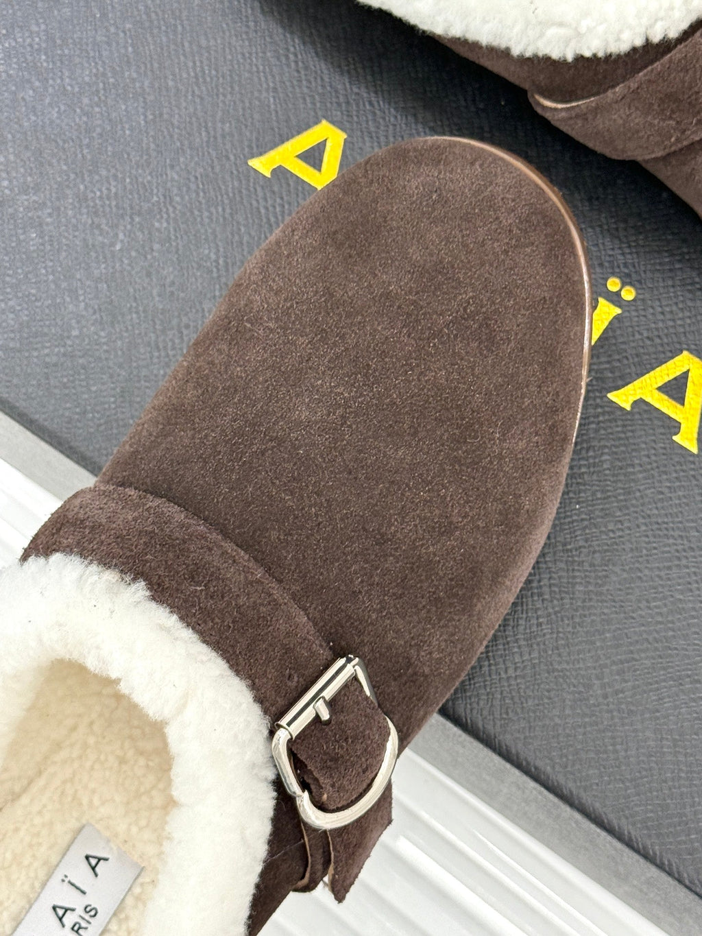 Alaia 25WF slippers belt buckle chocolate brown suede wool 472231