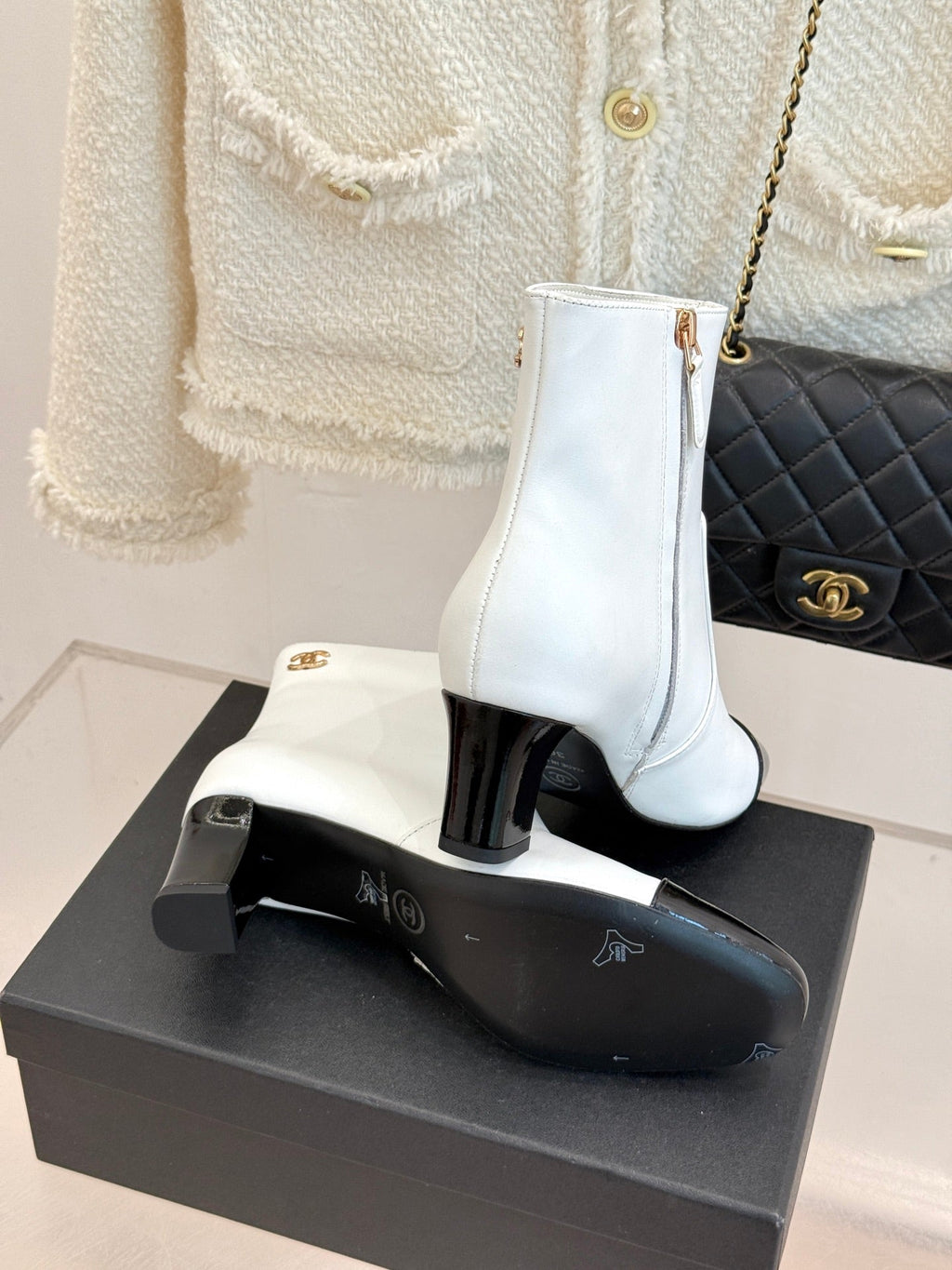 Chanel Double C Colorblock Heel Boot White Sheepskin 465415