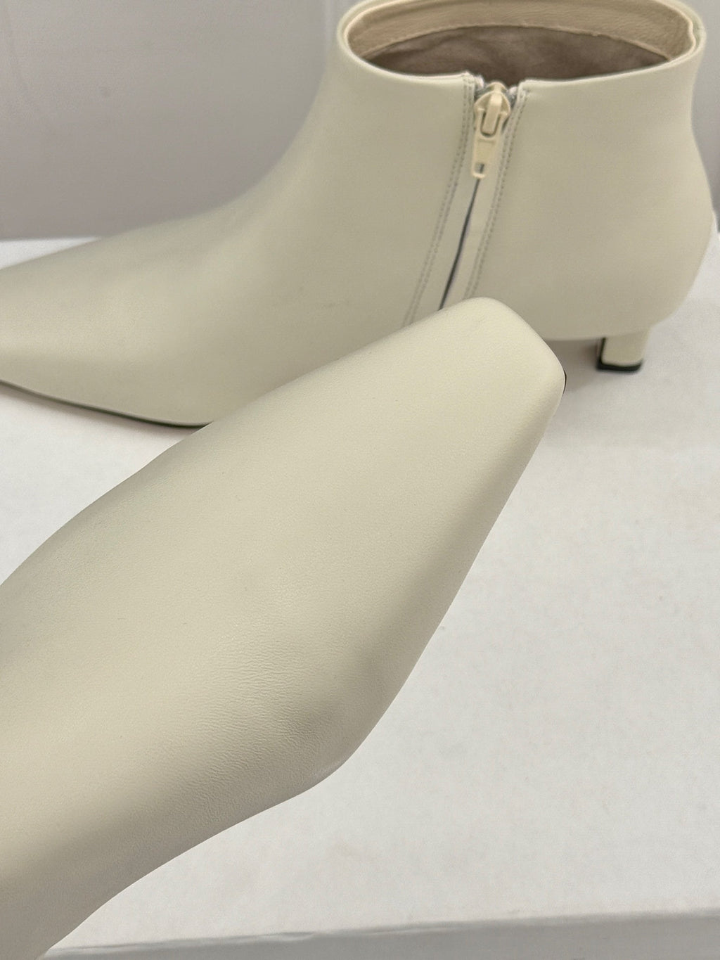 The Row 2025 Square Toe Kitten Heel Ankle Boot Cream Sheepskin 572053