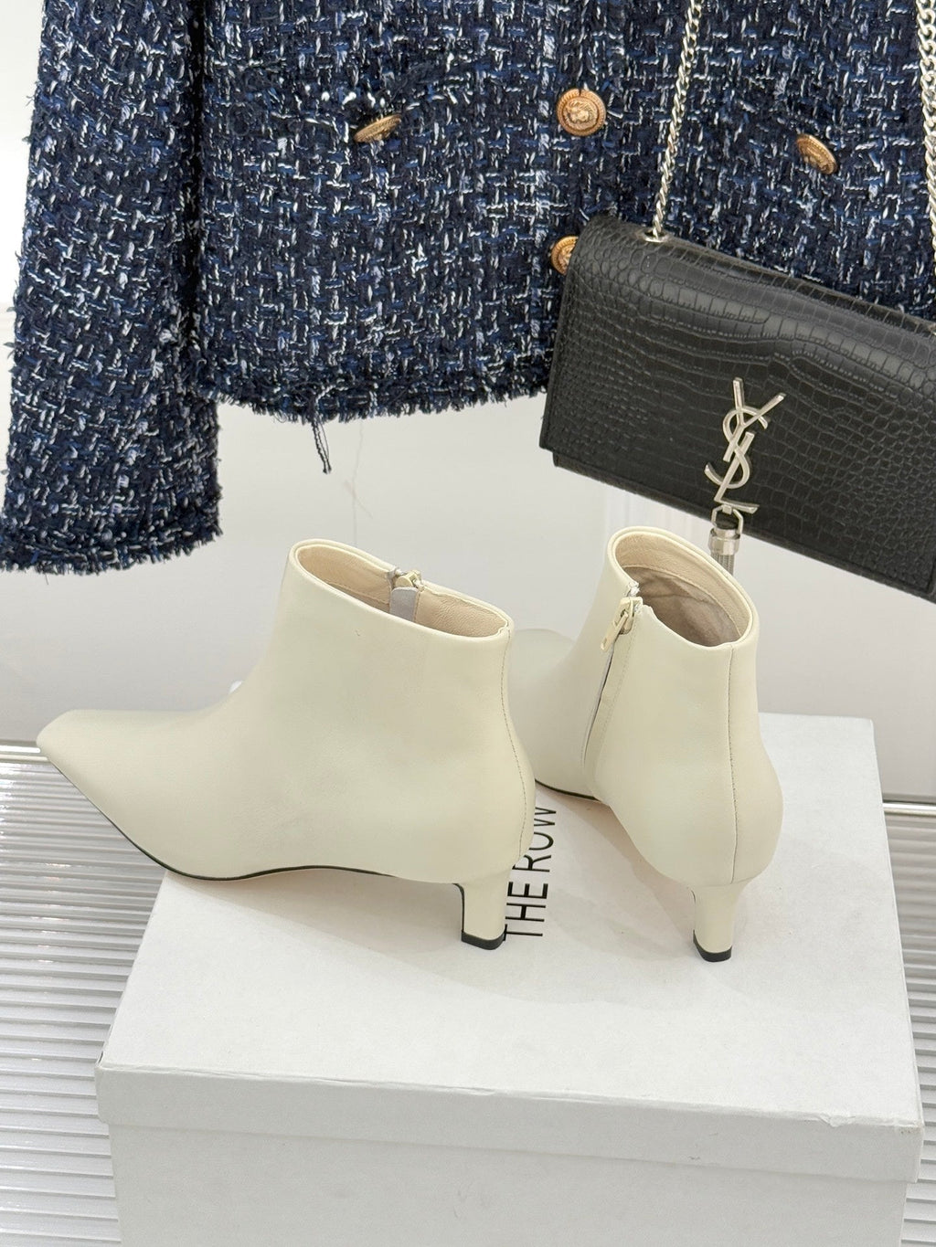The Row 2025 Square Toe Kitten Heel Ankle Boot Cream Sheepskin 572053