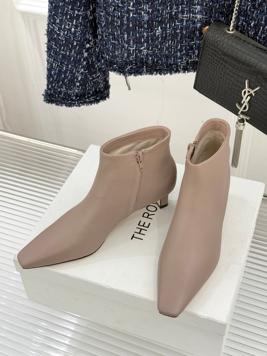 The Row 2025 Square Toe Kitten Heel Ankle Boot Nude Sheepskin 572049