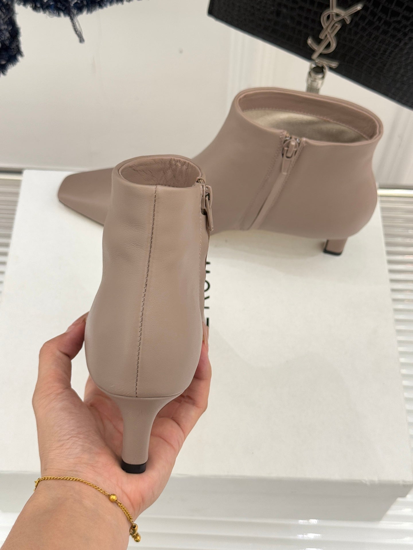 The Row 2025 Square Toe Kitten Heel Ankle Boot Nude Sheepskin 572049