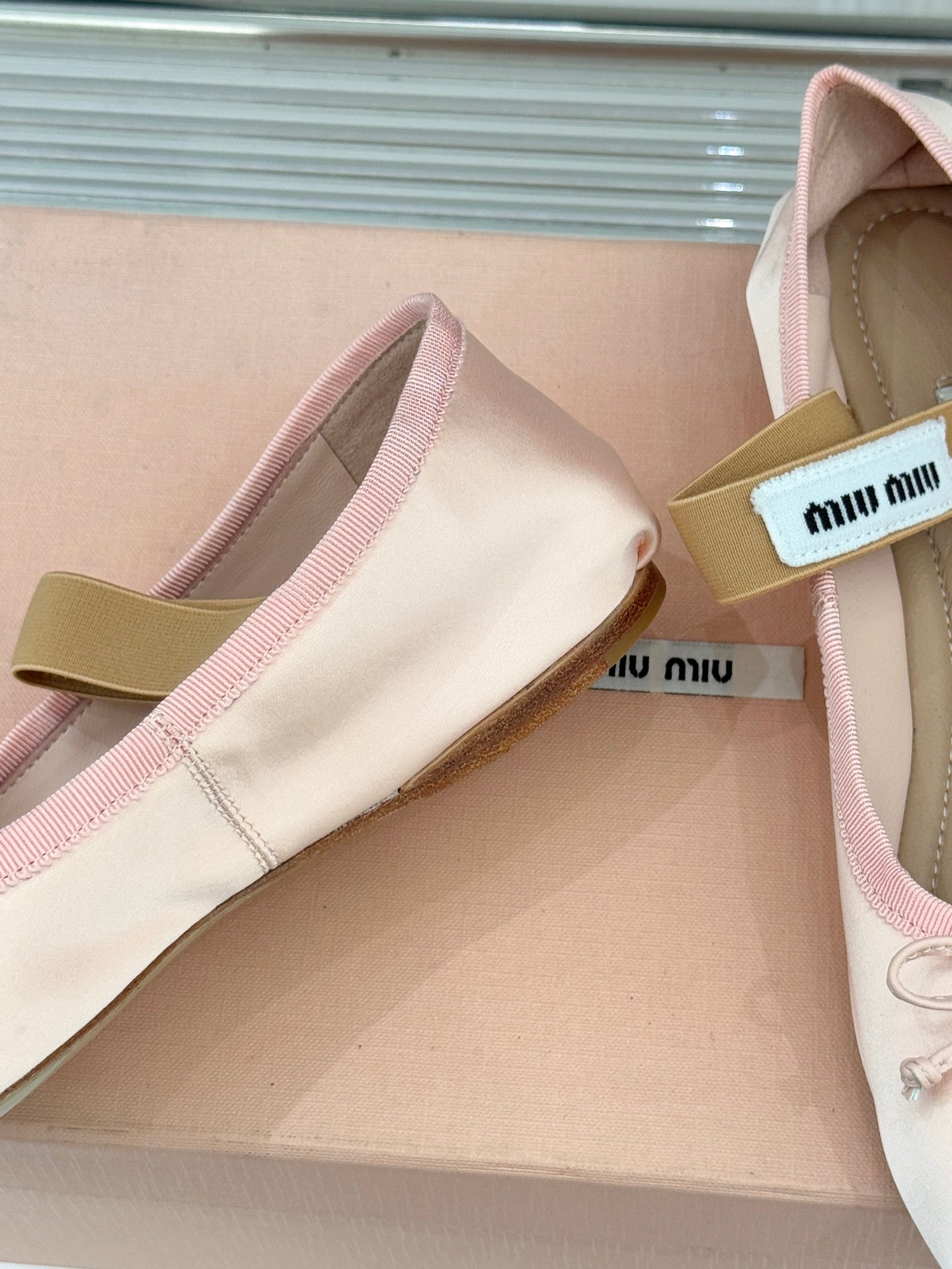 Miu Classic Bow Letter Ballet Light Pink Satin