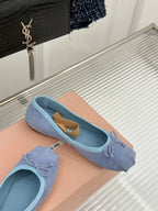 Miu Classic Bow Letter Ballet Flat French Sky Blue Suede