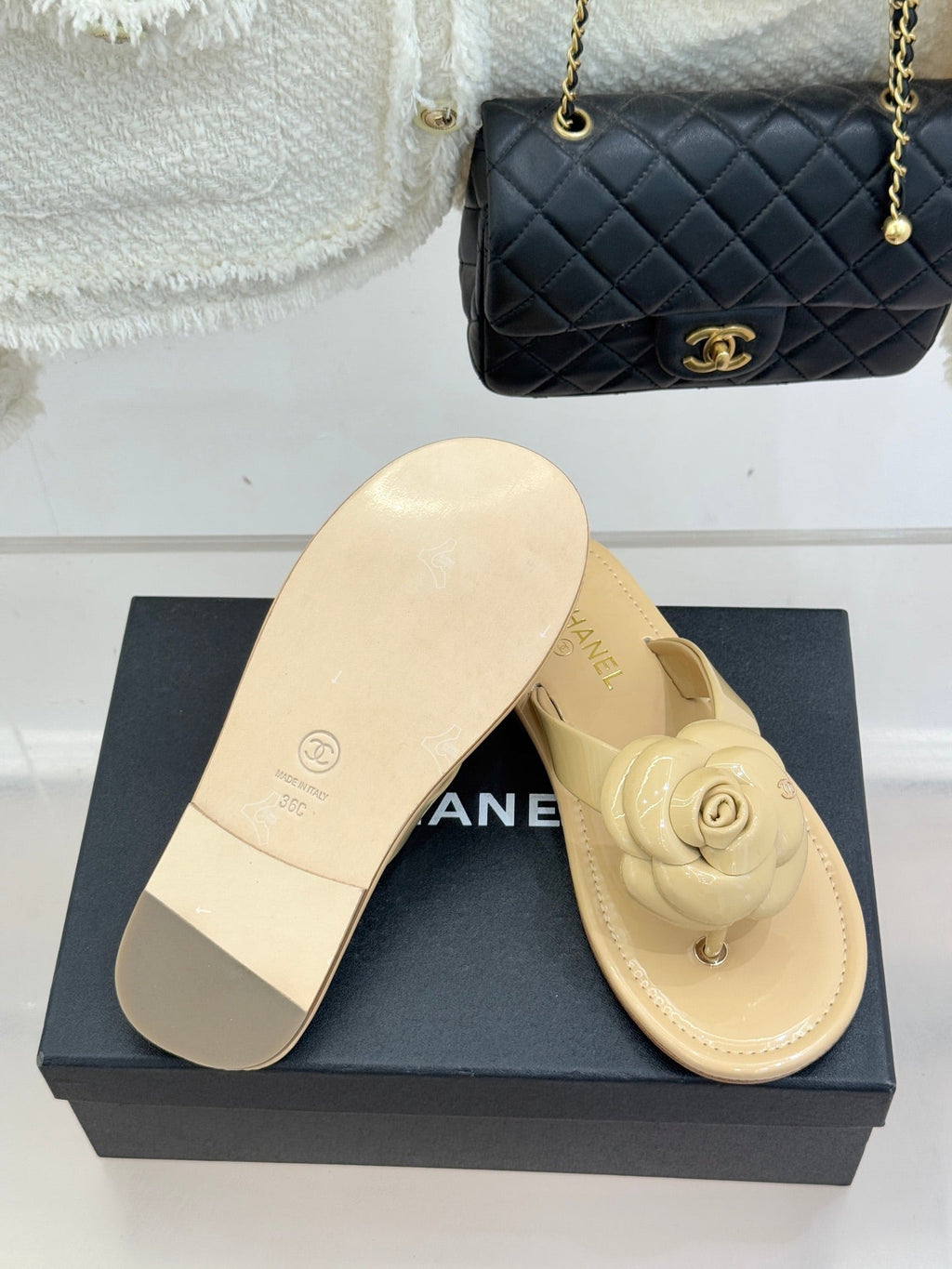 CC 26C Early Spring Camellia Slide Beige Patent Leather