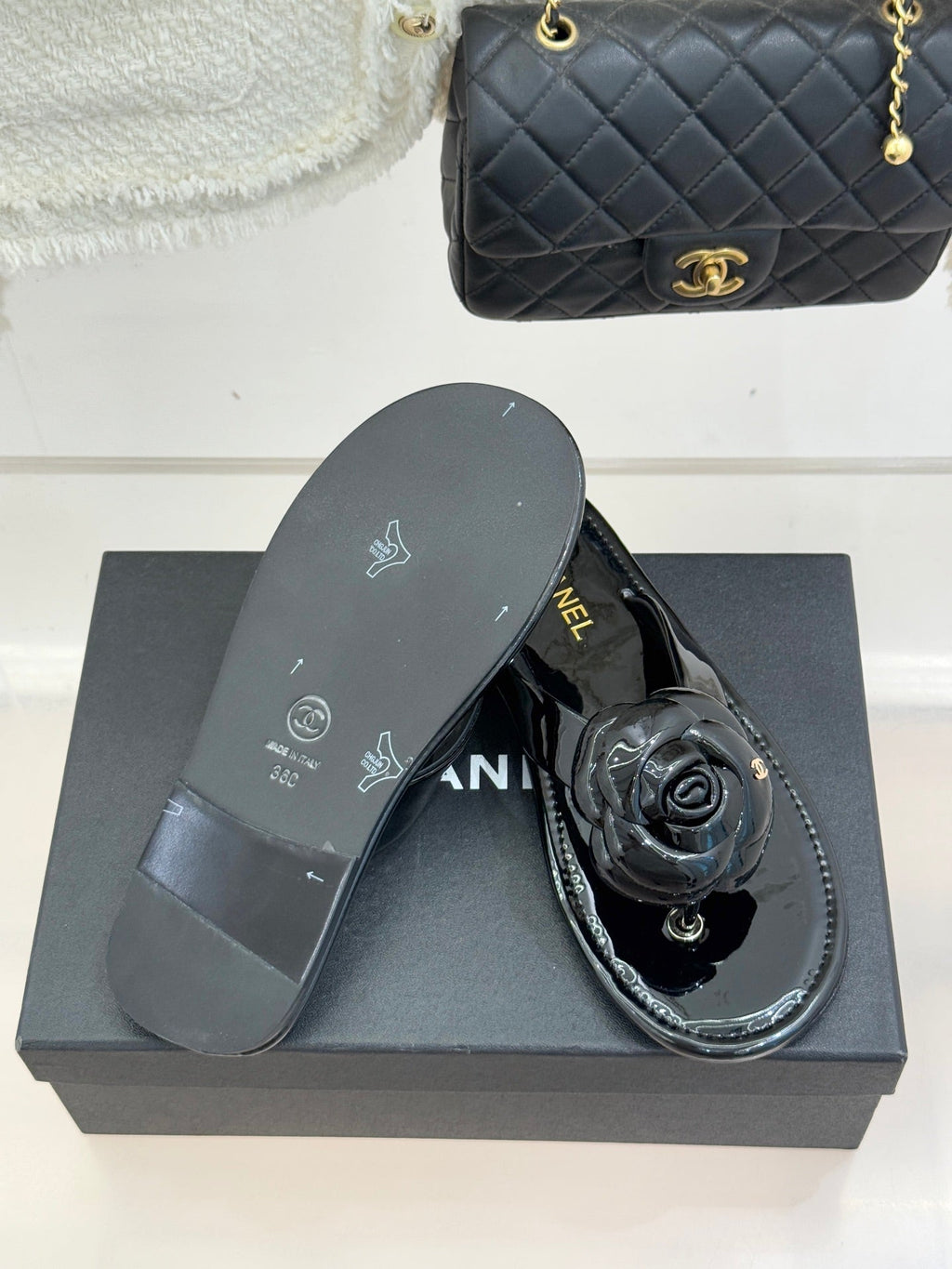 CC 26C Early Spring Camellia Slide Black Patent Leather