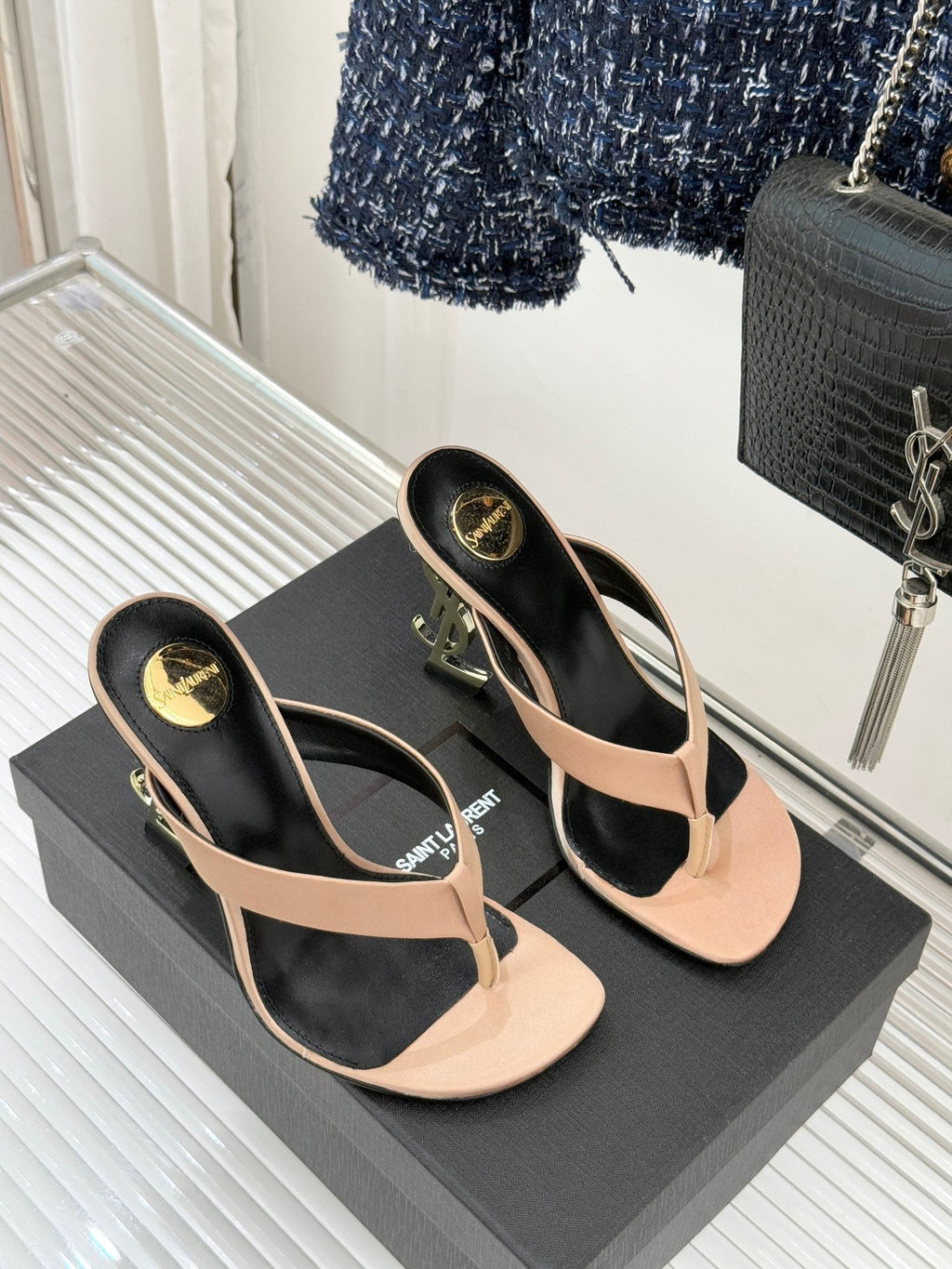 YSL Opyum Mule Sandals 8.5cm Beige Satin Leather Red