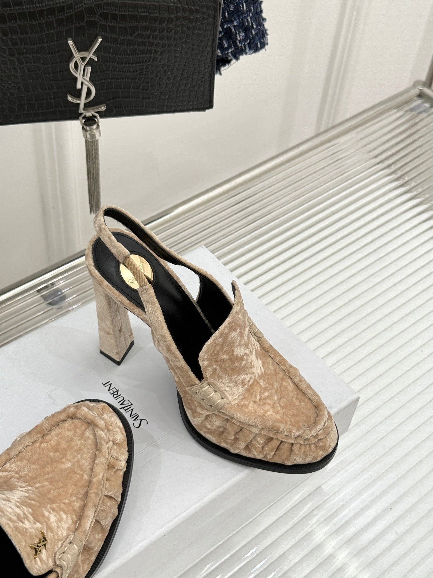 YSL 26WF Le Slingback 10.5cm Beige Velvet 642959
