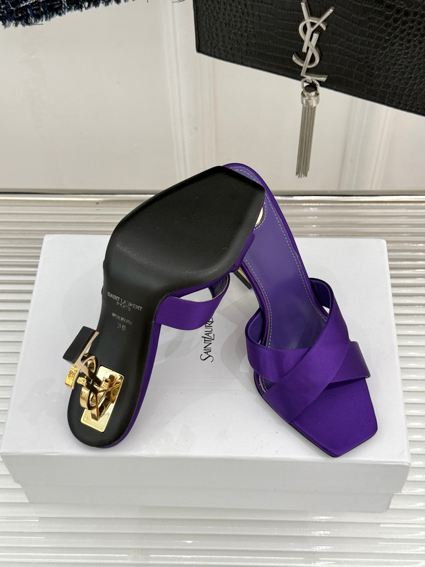 YSL Opyum Sandal 85 Purple Silk Leather 642937