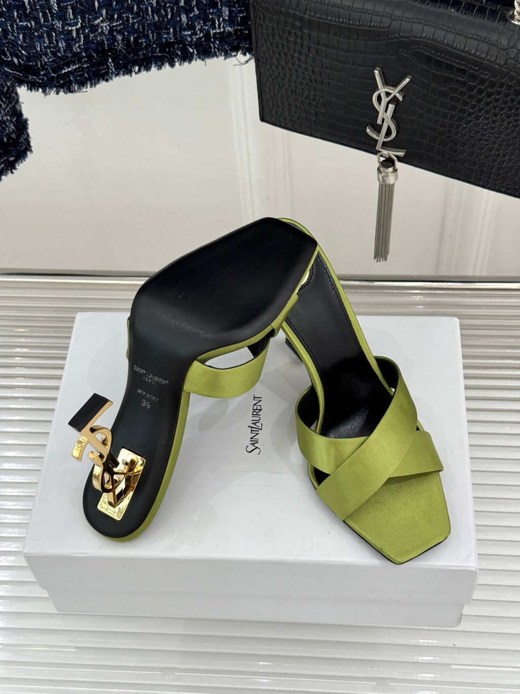 YSL Opyum Sandal 85 Green Silk Leather 642938