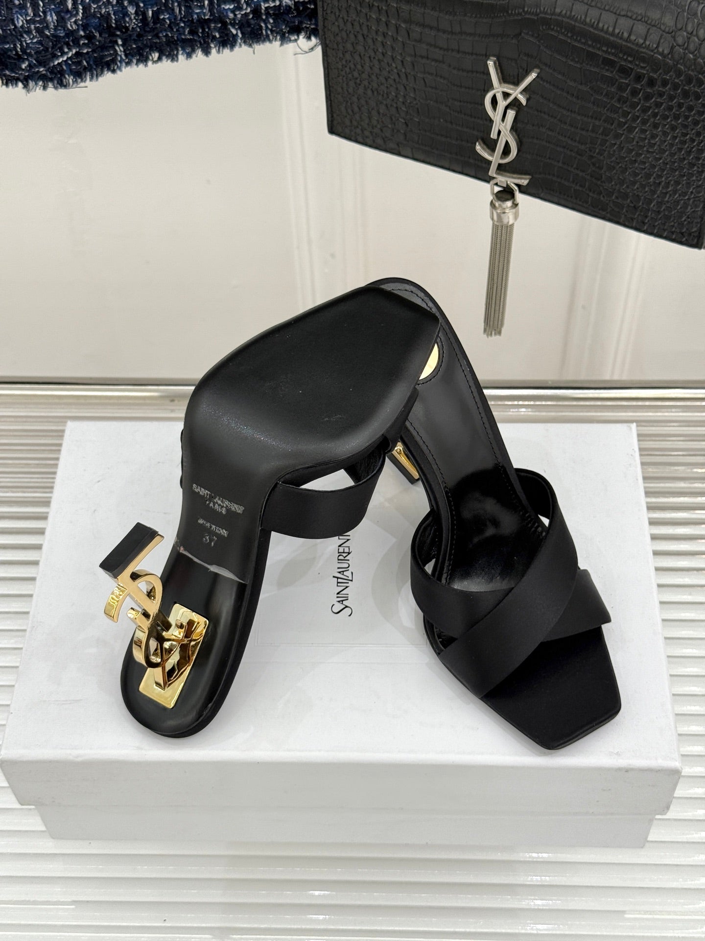 YSL Opyum Sandal 85 Black Silk Leather 642942