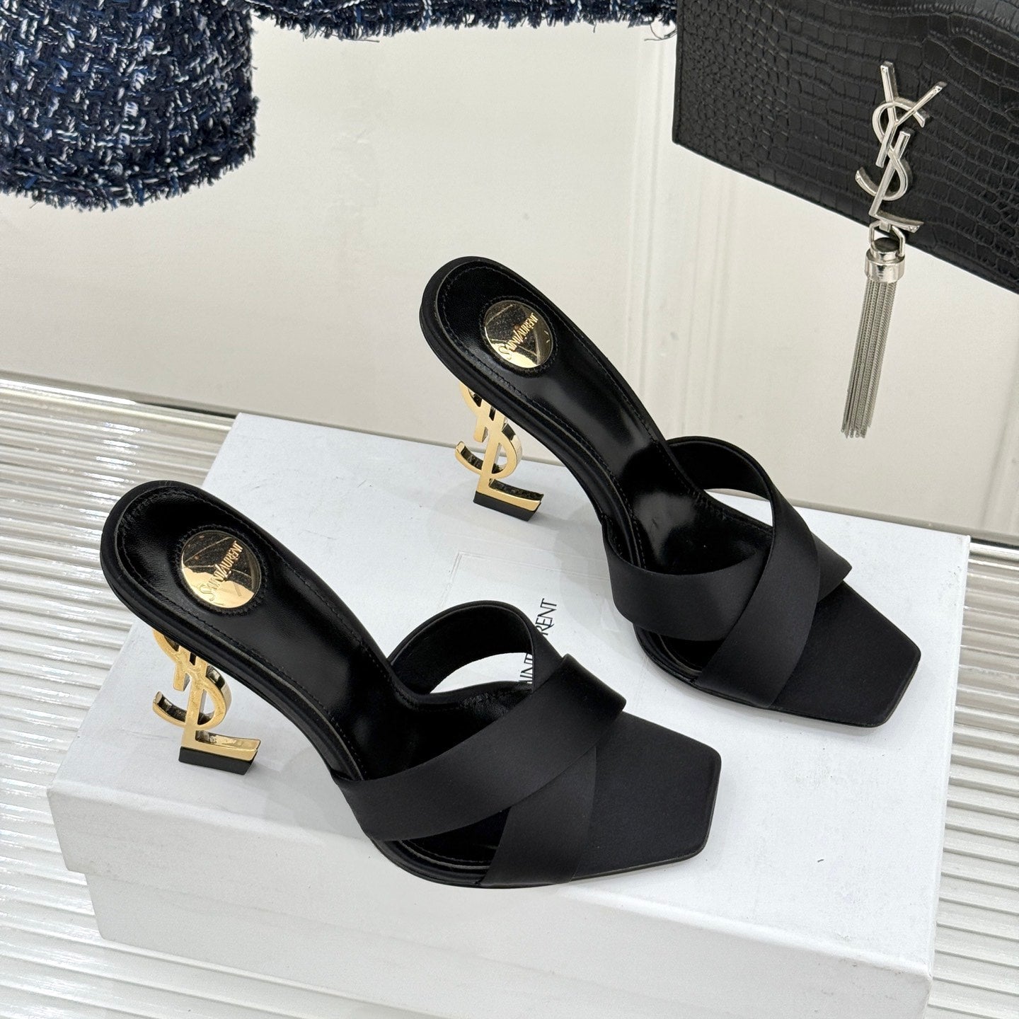 YSL Opyum Sandal 85 Black Silk Leather 642942
