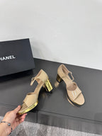 BLOCK HEEL SANDALS BEIGE SHEEPSKIN