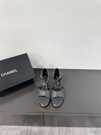 BLOCK HEEL SANDALS BLACK POLKA DOT SHEEPSKIN