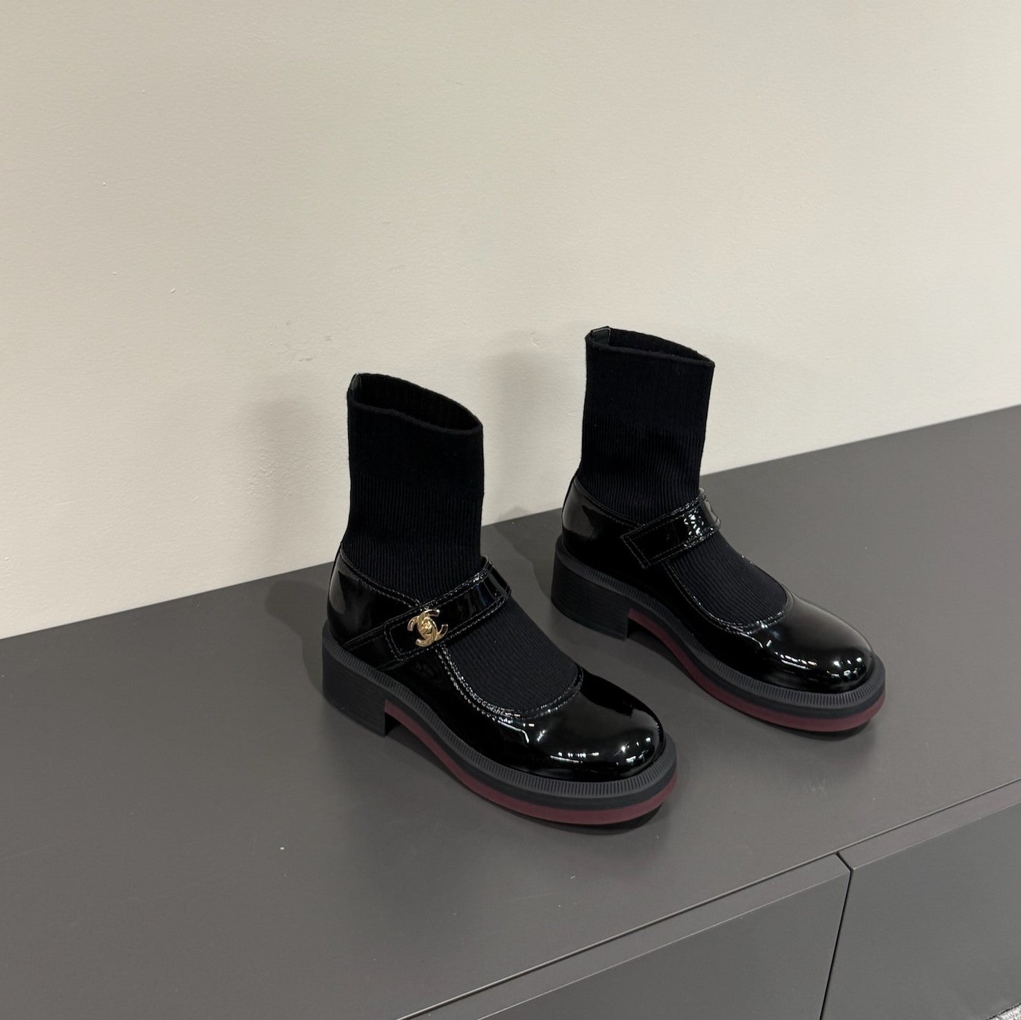 CC 25ss Short Sock Boots Black Patent Leather& Wool 417818