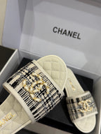 CC 25ss Chain Flat Slippers Black WhiteCowhide & Sheepskin 417563