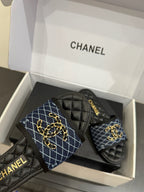 CC 25ss Chain Flat Slippers Black Blue Cowhide & Sheepskin 417564