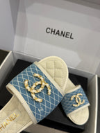 CC 25ss Chain Flat Slippers Blue White Cowhide & Sheepskin 417566