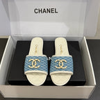 CC 25ss Chain Flat Slippers Blue White Cowhide & Sheepskin 417566