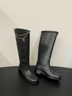 CC 25s Long Flat Chain Knight Boots Black Leather 417840
