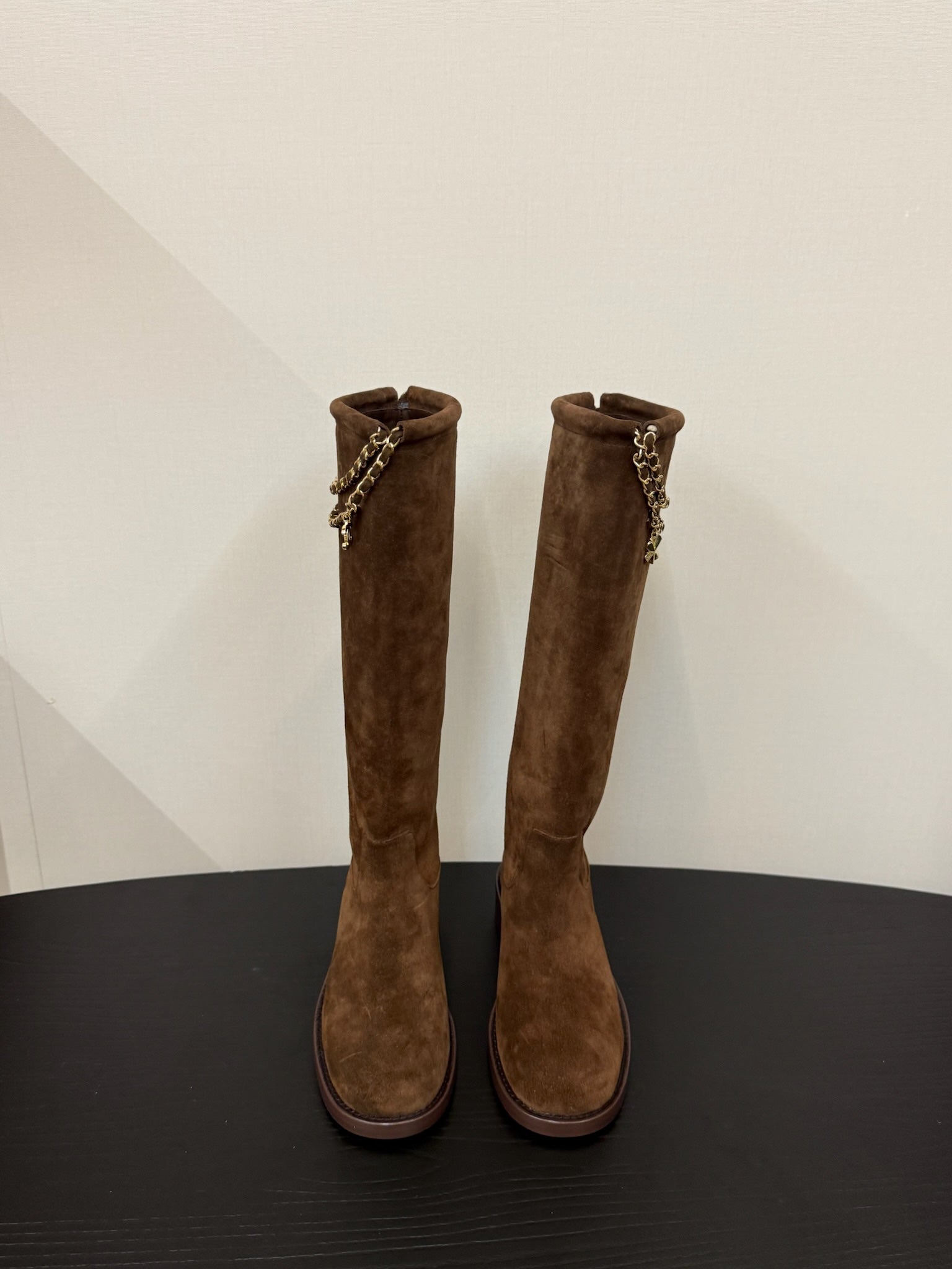 CC 25s Long Flat Chain Knight Boots Brown Cow Suede&Sheeepskin 417842
