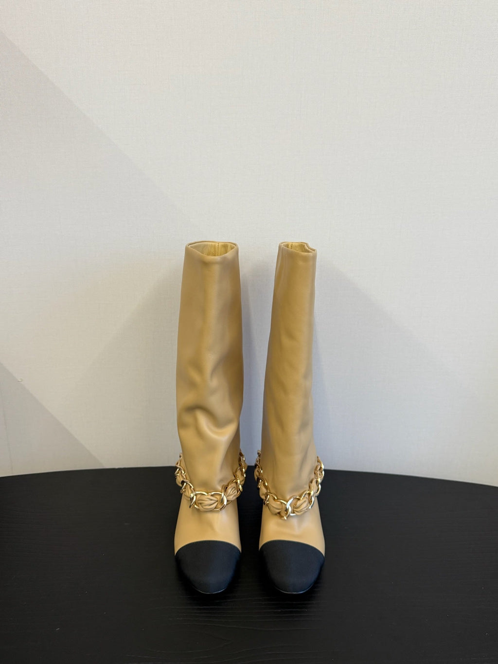 CC 25S High Boots With Chain Beige Black Cowhide & Sheepskin 417847