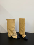 CC 25S High Boots With Chain Beige Black Cowhide & Sheepskin 417847