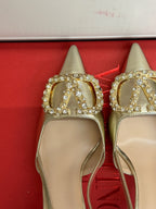 VL 26s High Heel Slingbacks In Metallic Gold Calfskin With Crystal