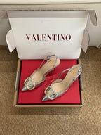 VL 26s High Heel Slingbacks In Metallic Silver Calfskin With Crystal